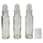 Three clear 0.35 oz roll-on bottles with white rollerball inserts and one white plastic cap, suited for travel.