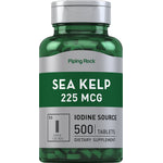 Bottle of Sea Kelp 225 MCG, providing a source of iodine, containing 500 tablets as a dietary supplement.