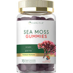 Carlyle Sea Moss 70 Vegan Gummies, in strawberry blueberry flavor. Non-GMO, gluten-free, premium formula.