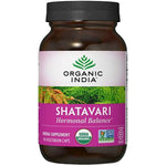 Organic India Shatavari Hormonal Balance 90 Vegetarian Caps with USDA Organic, Non GMO Project Verified, Certified B Corp logos.