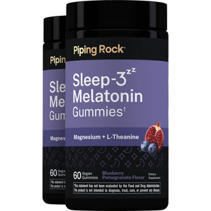Sleep-3 Vegan Gummies with Melatonin, Magnesium, and L-Theanine, Blueberry Pomegranate flavor, 60 count, 2 bottles.