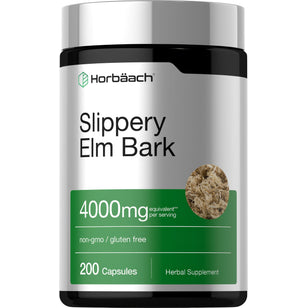 Slippery Elm Bark herbal supplement, 4000mg per serving, non-GMO, gluten-free, 200 capsules in package.