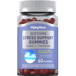 Soothing Stress Support Gummies with GABA and L-Theanine in lemon and strawberry flavors, 60 gummies per bottle.