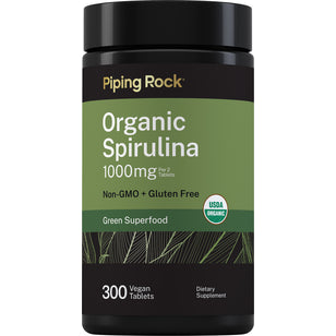 Organic Spirulina 1000 mg, 300 Vegan Tablets. Features: Non-GMO, Gluten-Free, USDA Organic, Green Superfood, Dietary Supplement.