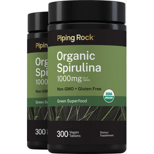 Two bottles of organic Spirulina tablets, 1000mg per 2 tablets, 300 vegan tablets total.