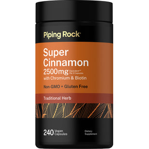 Super Cinnamon 2500mg with Chromium & Biotin, Non-GMO and Gluten Free. Contains 240 vegan capsules; 2 capsules per serving.