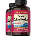 LINDBERG Super Colon Health with 240 capsules: gluten-free, quick-release, featuring psyllium, fiber, herbs, and probiotics.