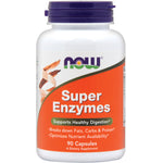 Bottle of Super Enzymes 90 Capsules: Supports Healthy Digestion, Breaks down Fats, Carbs & Protein, Optimizes Nutrient Availability.