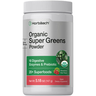 Horbäach USDA Organic Super Greens Powder, Strawberry Kiwi Flavor, 5.18 oz (147 g), 18 Digestive Enzymes, Prebiotic, 20+ Superfoods.
