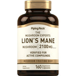 Lion's Mane Mushroom 2100MG, herbal supplement with 160 vegetarian capsules, featuring mushroom fruiting body.