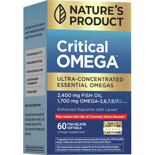 Nature's Product Critical Omega Softgels: 2400 mg Fish Oil, 1700 mg Omega-3,6,7,9,11 per serving, 60 fish gelatin softgels.