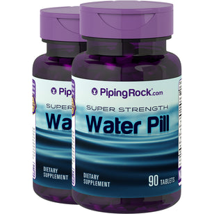 Two bottles of Super Strength Water Pill with 90 vegan tablets each for hydration support.