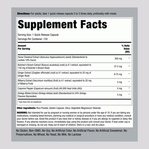 The Supplement Facts panel for Circulation Complex Capsules contains detailed nutritional information for a total of 120 capsules.