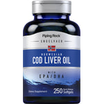 Norwegian Cod Liver Oil dietary supplement with EPA/DHA, includes 250 quick release softgels.