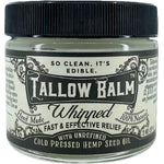 Tallow Balm Whipped 2 OZ (57g) jar with label stating 'SO CLEAN, IT'S EDIBLE.', 'FAST & EFFECTIVE RELIEF', and 'WITH UNREFINED COLD PRESSED HEMP SEED OIL'.