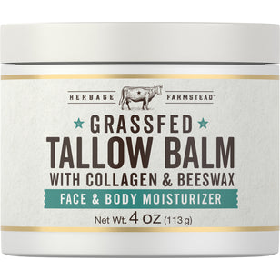 Grassfed Tallow Balm with Collagen and Beeswax, a 4 OZ (113 g) jar, for face and body moisturizing.
