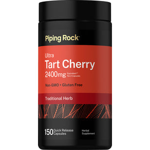 Ultra Tart Cherry, 2400mg per 2 capsules, 150 quick-release capsules, non-GMO, and gluten-free.