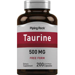 Taurine 500 MG free form dietary supplement with 200 quick release capsules.