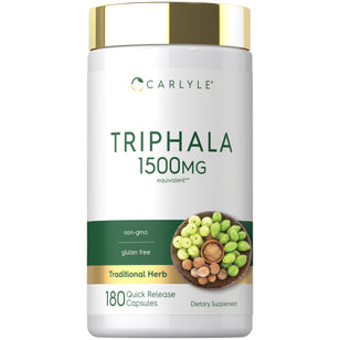 Triphala 1500mg 180 quick release capsules in a bottle.