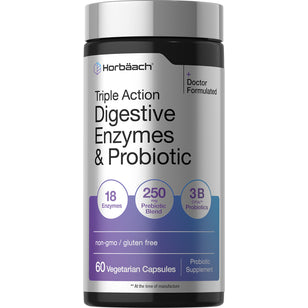 Horbäach Triple Action Digestive Enzymes & Probiotic, 60 Vegetarian Capsules in a clear bottle.