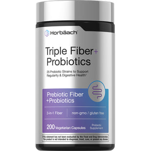 Triple Fiber + Probiotics, 200 Vegetarian Capsules. It's a non-GMO, gluten-free, 3-in-1 fiber and probiotic supplement.