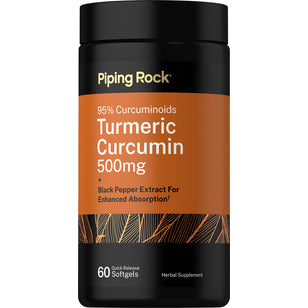 Turmeric Curcumin 95% Curcuminoids 500mg with Black Pepper Extract enhances absorption, 60 quick release softgels.