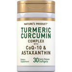 Turmeric Curcumin Complex with CoQ-10 and Astaxanthin includes 30 quick-release softgels.