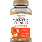 Premium turmeric and ginger gummies with peach flavor, 90 vegan gummies per bottle.