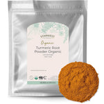 Starwest Organic Turmeric Root Powder in a 1 lb silver pouch with a pile of orange powder next to it.