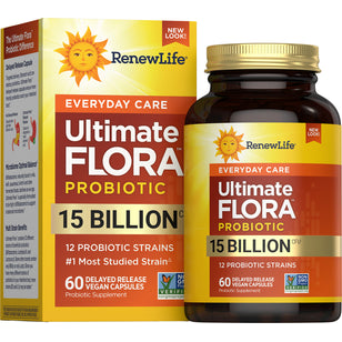 RenewLife Ultimate FLORA Everyday Care Probiotic with 15 Billion CFU in 60 delayed release vegan capsules.