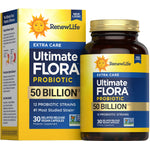RenewLife Ultimate Flora Extra Care Probiotic offers 50 Billion CFU in 30 vegan capsules for delayed release.