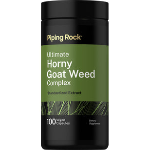 Ultimate Horny Goat Weed Complex Standardized Extract, 100 vegan capsules, dietary supplement bottle.