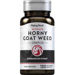 Horny Goat Weed Complex Standardized Extract in a bottle of 100 vegetarian capsules, promoting energy and vitality.