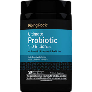 Ultimate Probiotic with 150 Billion CFU, 40 strains, prebiotics, and 30 delayed-release vegan capsules.