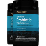 Two bottles of Ultimate Probiotic 150 Billion CFU with 40 probiotic strains and prebiotics, featuring 30 delayed-release vegan capsules.