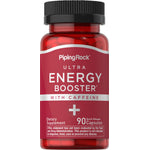 Ultra Energy Booster with Caffeine contains 90 quick release capsules designed to enhance energy levels efficiently.