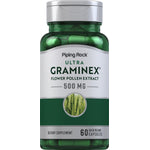 Ultra Graminex Flower Pollen Extract 500 mg, 60 quick-release capsules in a blue and white bottle.