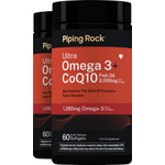 Two bottles of Ultra Omega 3 plus CoQ10 Fish Oil, each containing 60 quick release softgels.