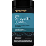 Ultra Omega 3+ D3 Fish Oil with 2,130mg per 2 softgels, 1,492 mg Omega-3, and 1000 IU Vitamin D3, 60 quick-release softgels.