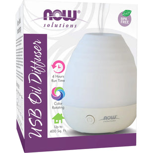 Now Solutions USB Oil Diffuser in white, with 4 hours run time, color rotating, suitable for up to 400 sq ft, BPA free.