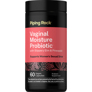 Vaginal Moisture Probiotic with Slippery Elm and Pineapple enhances women's sexual drive, containing 60 vegan capsules.