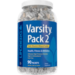 Varsity Pack 2 Multi-Vitamin & Mineral Packets include 90 packets (630 pills) in a clear jar.