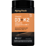 Vitamin D3 + K2 Advanced Formula contains 5000 IU of D3 and 100 MCG of K2 as MK-7, with 90 vegetarian capsules.