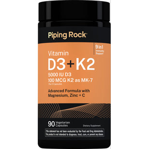 D3 + K2 Advanced Formula with 5000 IU D3, 100 mcg K2 as MK-7, magnesium, zinc, and vitamin C. Contains 90 vegetarian capsules.
