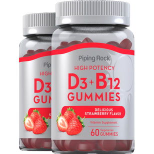Vitamin D3 + B12 (Delicious Strawberry), 60 Vegetarian Gummies, 2  Bottles