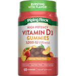 Vitamin D3 Gummies 5,000 IU, 60 count, delicious peach flavor. Non-GMO, gluten-free, and vegetarian.