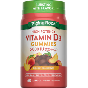 Vitamin D3 Gummies 5,000 IU, 60 count, delicious peach flavor. Non-GMO, gluten-free, and vegetarian.