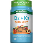 D3 + K2 Gummies, 50 count. Peach Mango Flavor. High absorption K2 as MK7, non-GMO, gluten-free, and vegetarian.