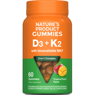 Nature's Product Gummies D3 + K2 with bioavailable MK7, 60 Gummies, Tropical Punch Flavor, Dietary Supplement.