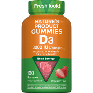 Nature's Product D3 3,000 IU Extra Strength Gummies, 120 count, strawberry flavor.